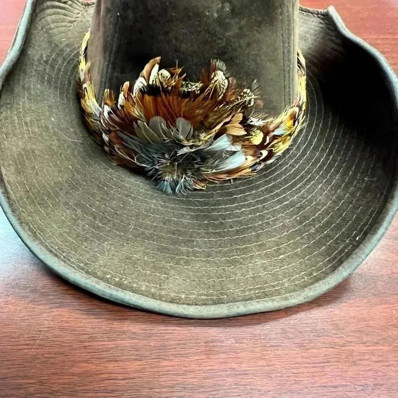 Vintage GW Brown Cowboy Western Hat With Feathers Medium Retro - Picture 2 of 5